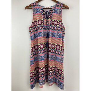 Umgee size Small Women’s Blue Red Geometric Lace Up Front Sleeveless Dress